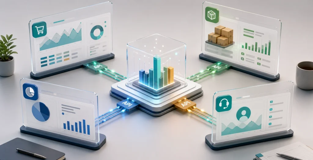 Sales, inventory, reporting and support dashboards connected through API links into one data hub